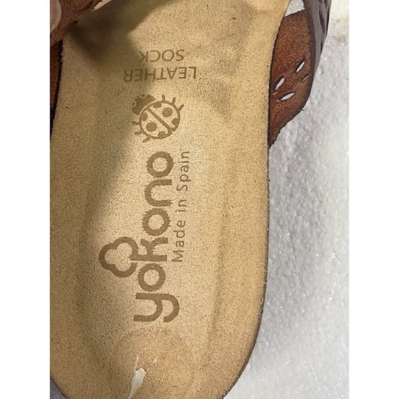 YOKONO Womens size 9.5 Redish Brown Strap Wedge Sandals Slip On Leather Cork - Picture 4 of 16